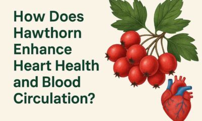 Illustration of Hawthorn tree and heart, highlighting Hawthorn's benefits for heart health and blood circulation.