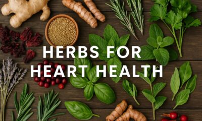 High-res image of herbs and spices on rustic wood with text Top 15 Herbs for Heart Health promoting heart wellness.