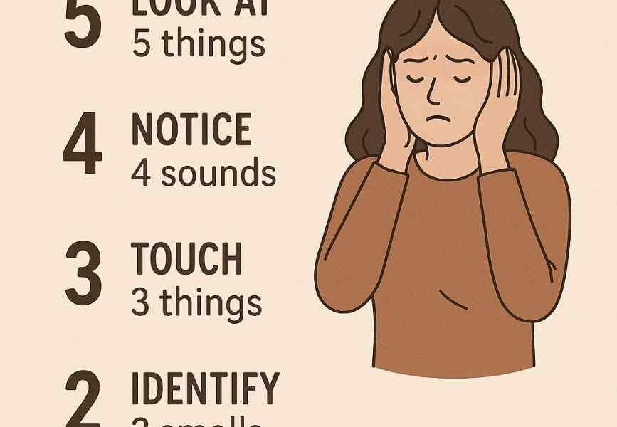 Infographic of 5-4-3-2-1 grounding technique with sensory icons on a gradient background