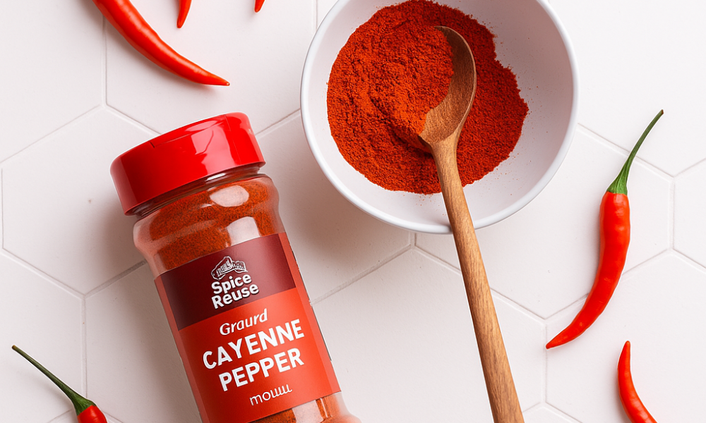 Close-up of a jar of ground cayenne pepper with a wooden spoon in a ceramic bowl of cayenne powder, surrounded by fresh red chilies, all set against a white hexagonal-tiled background.