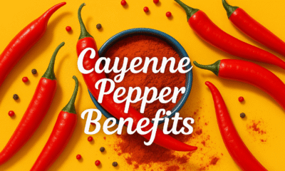 A vibrant yellow background featuring a blue bowl of cayenne pepper powder surrounded by glossy red cayenne peppers and scattered red and black peppercorns. The bold white text 'Cayenne Pepper Benefits' is displayed in an elegant, textured cursive font, drawing attention to the central elements of the image.