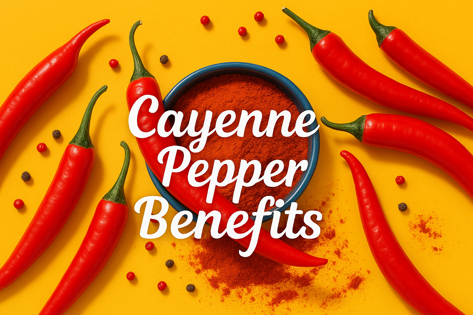 A vibrant yellow background featuring a blue bowl of cayenne pepper powder surrounded by glossy red cayenne peppers and scattered red and black peppercorns. The bold white text 'Cayenne Pepper Benefits' is displayed in an elegant, textured cursive font, drawing attention to the central elements of the image.