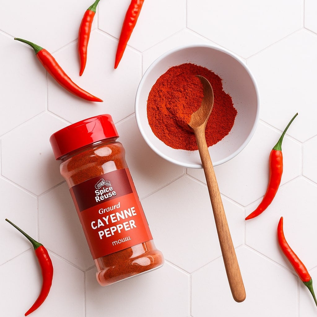Close-up of cayenne powder in a ceramic bowl with spoon, fresh red chilies, and jar on white hex tile background.