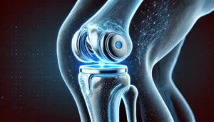 A detailed 3D rendering of a knee joint with an artificial knee implant in glowing blue, set against a black background. The image highlights the transparency of the joint and implant, emphasizing the high-tech nature of the procedure. Text overlay reads 'Knee Replacement: A New Lease on Life,' making it ideal for social media sharing.