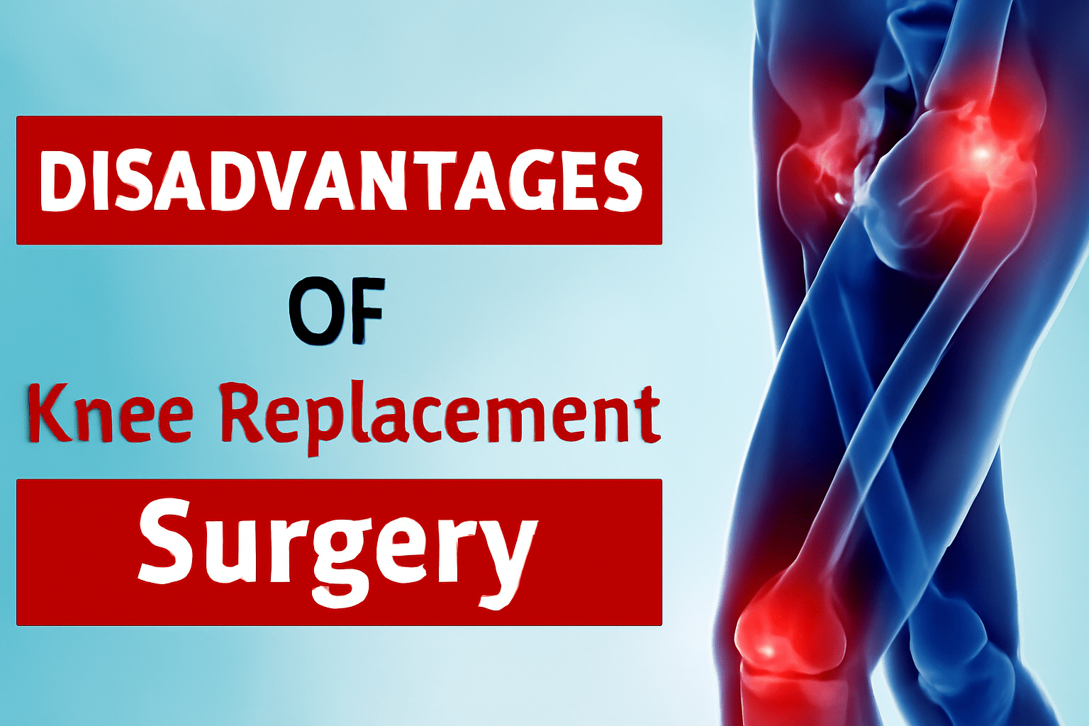 A digital graphic depicting the disadvantages of knee replacement surgery. The image features a semi-transparent X-ray of a knee joint with glowing red highlights. Bold red text on the left reads DISADVANTAGES OF Knee Replacement Surgery, contrasting against a cool blue background.