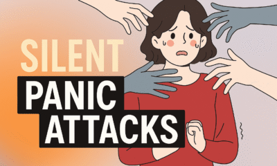 Digital illustration of a young woman with muted blue-gray hands around her head, showing silent panic attacks, with bold text on a vibrant gradient.