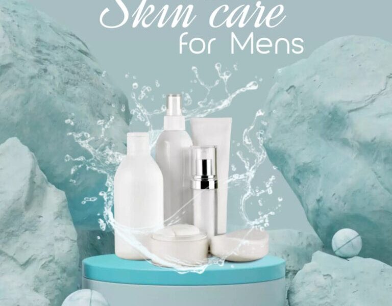 Skin care products for men displayed on a blue platform with water splash effect and marble-textured background.