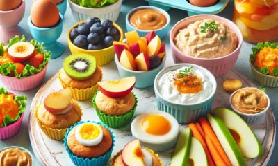 Playful image of toddler healthy snacks recipes like egg muffins, yogurt bites, and cottage cheese with peach.