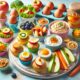 Playful image of toddler healthy snacks recipes like egg muffins, yogurt bites, and cottage cheese with peach.