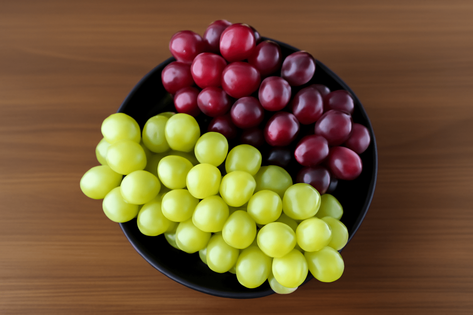 High-resolution digital photograph showcasing a black round ceramic bowl filled with clusters of white grapes and red grapes on a wooden surface.