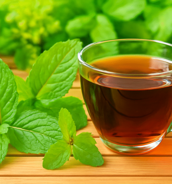 A close-up photo of a transparent glass cup filled with dark amber herbal tea, placed on a wooden surface. Fresh green mint leaves are arranged in the foreground, with blurred greenery and another copper cup visible in the background, all softly lit by natural light.