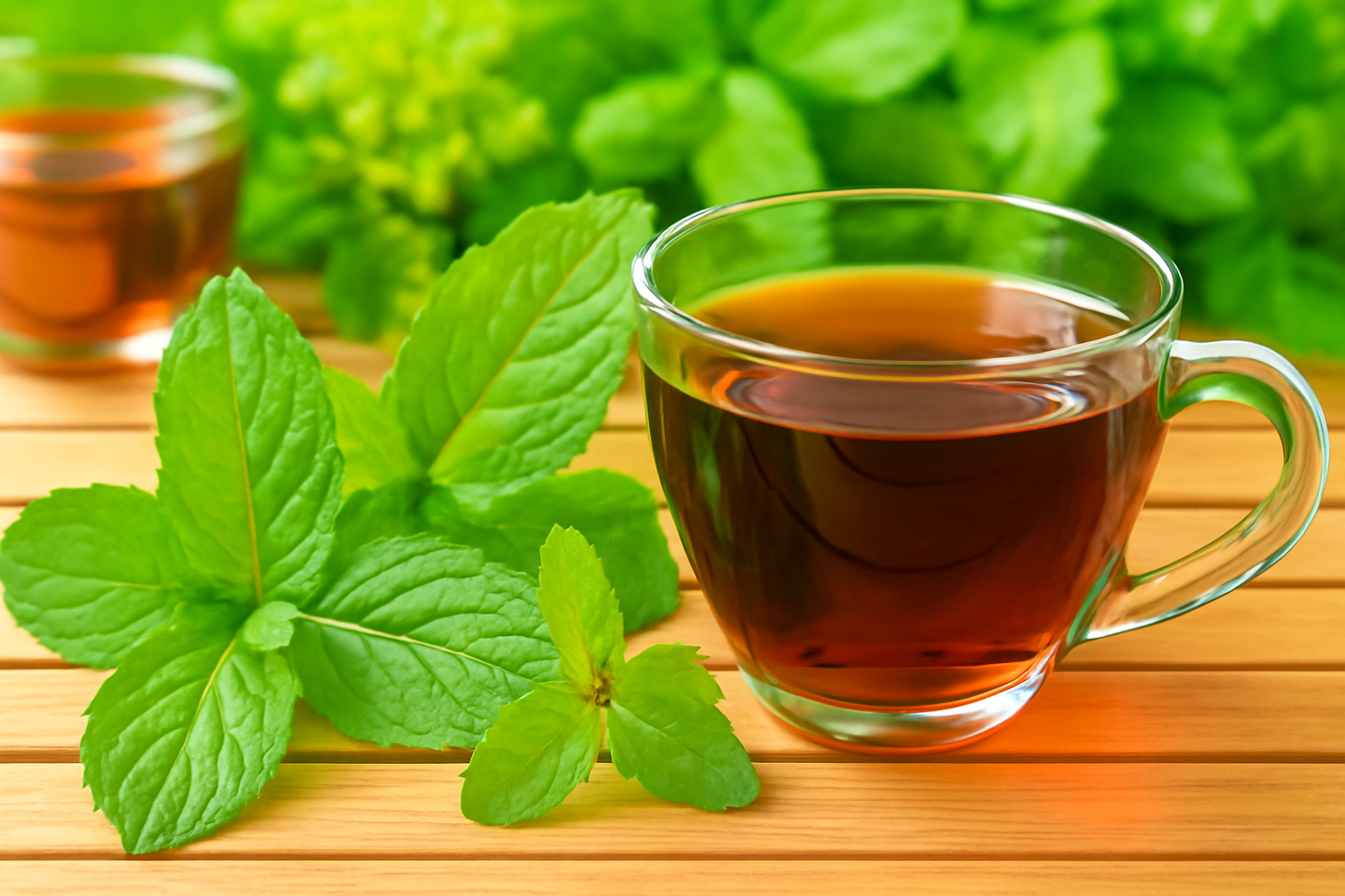 A close-up photo of a transparent glass cup filled with dark amber herbal tea, placed on a wooden surface. Fresh green mint leaves are arranged in the foreground, with blurred greenery and another copper cup visible in the background, all softly lit by natural light.
