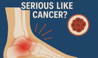 An infographic showing a foot with heel pain and a cancer mass, with the text Is Heel Pain a Sign of Cancer? COULD IT BE CANCER?