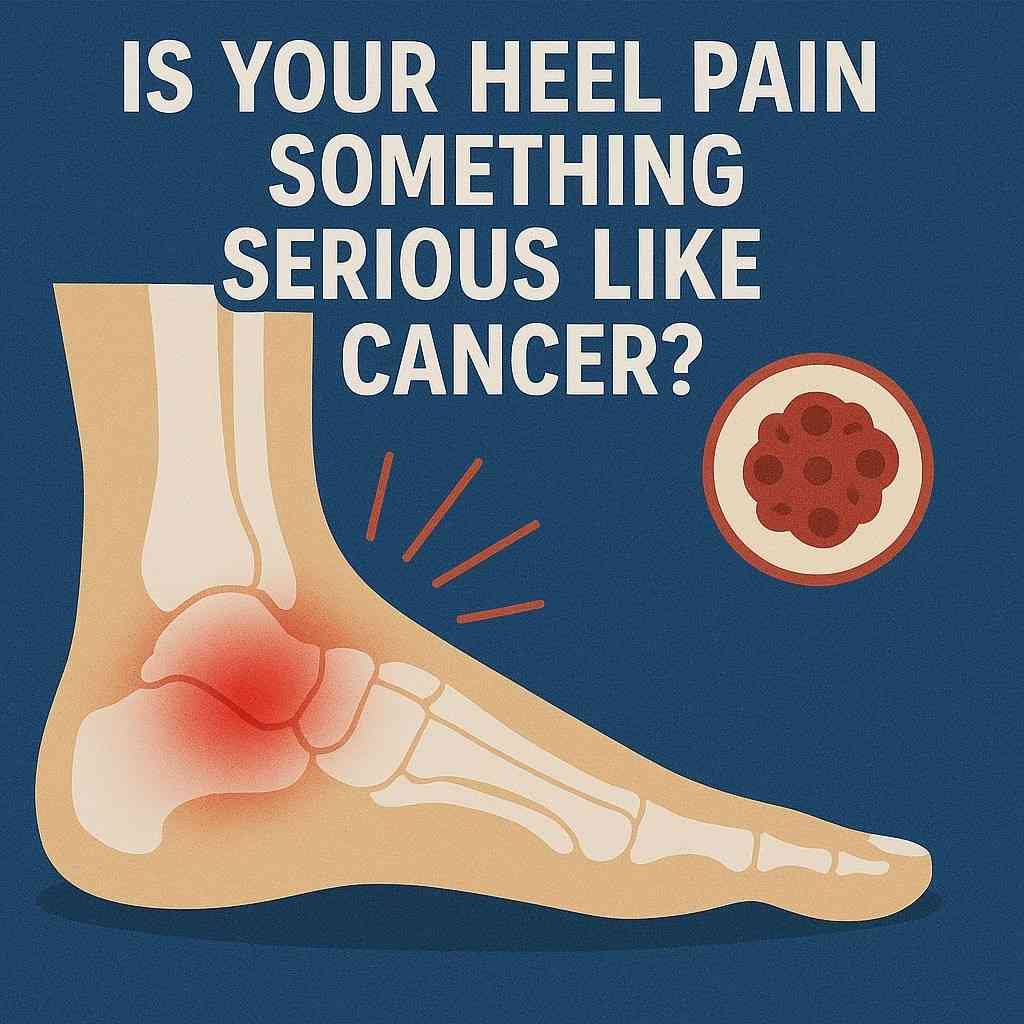 An infographic showing a foot with heel pain and a cancer mass, with the text Is Heel Pain a Sign of Cancer? COULD IT BE CANCER?