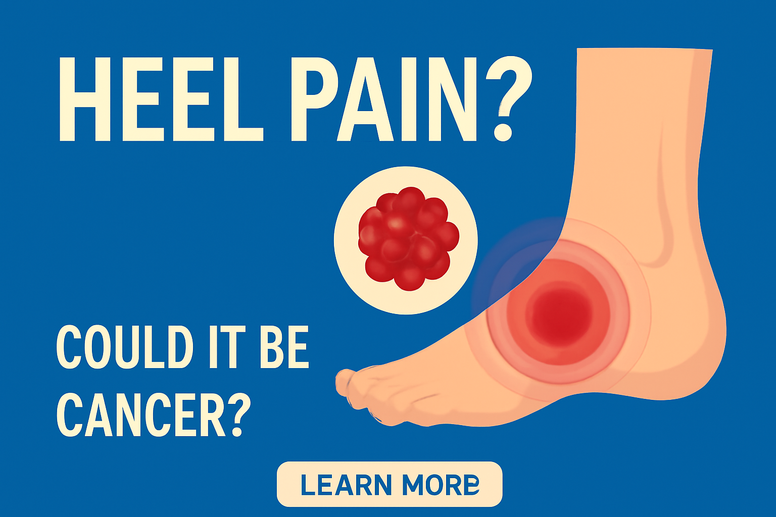 llustration of a human foot with inflamed red heel pain area and a close-up of a cancerous mass, with text asking 'Heel Pain? Could It Be Cancer?' on blue background
