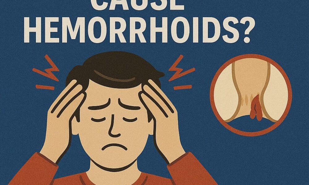 Illustration asking Can Stress Cause Hemorrhoids with a stressed man and hemorrhoid anatomy on a blue background.