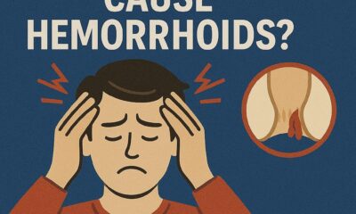 Illustration asking Can Stress Cause Hemorrhoids with a stressed man and hemorrhoid anatomy on a blue background.
