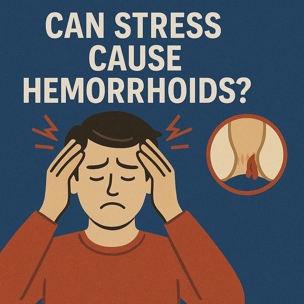 Illustration asking Can Stress Cause Hemorrhoids with a stressed man and hemorrhoid anatomy on a blue background.