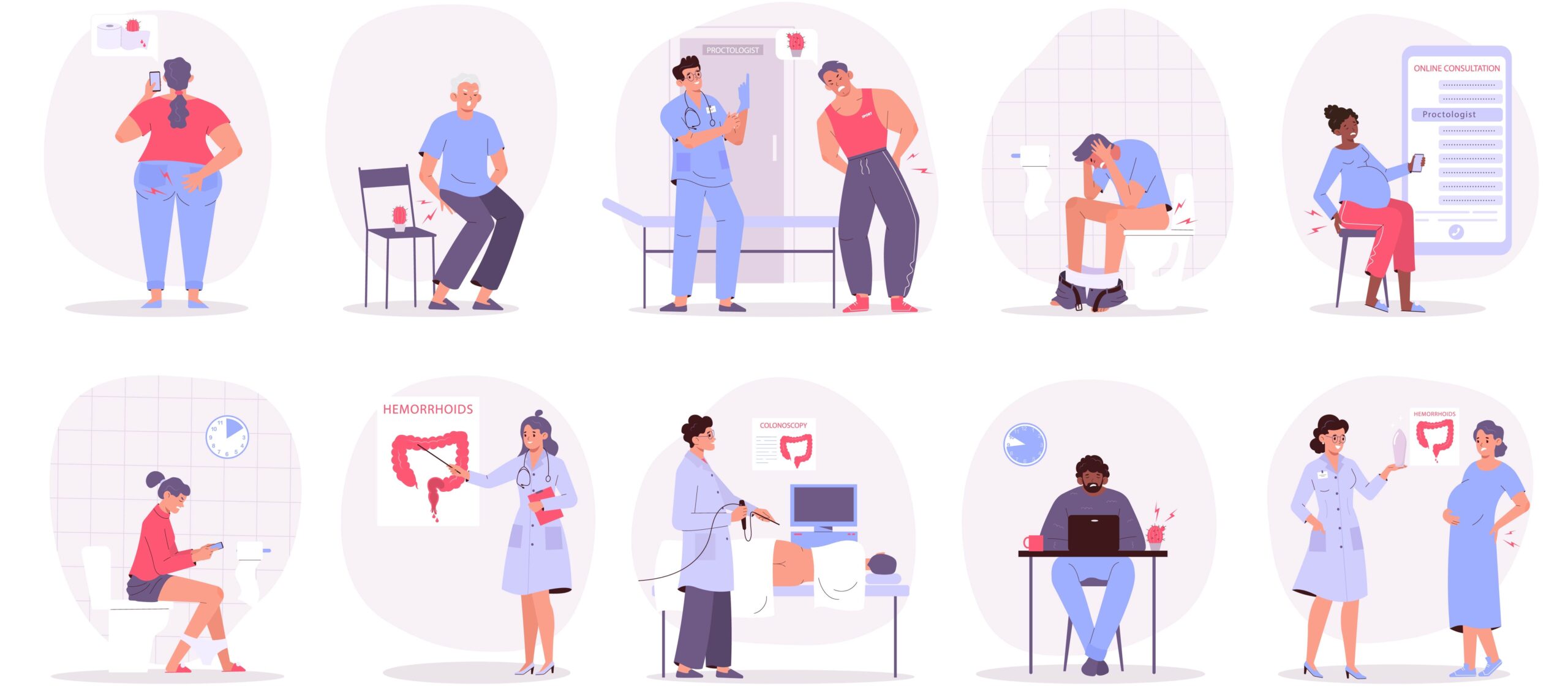 Illustration of people experiencing hemorrhoids symptoms, consulting doctors, and undergoing exams like colonoscopy.