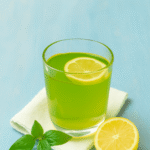 A refreshing glass of lemon-infused green drink with a slice of lemon, fresh basil, and a linen napkin on a soft blue wooden surface. Lemon Balm Recipe for Weight Loss.
