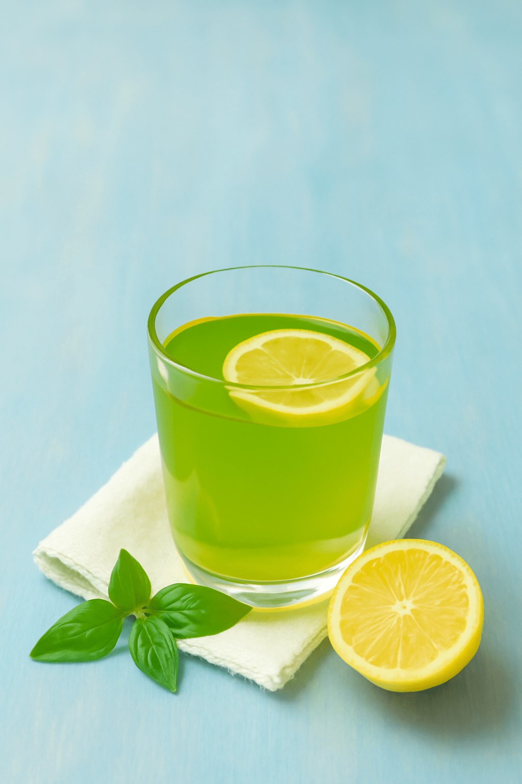 A refreshing glass of lemon-infused green drink with a slice of lemon, fresh basil, and a linen napkin on a soft blue wooden surface. Lemon Balm Recipe for Weight Loss.
