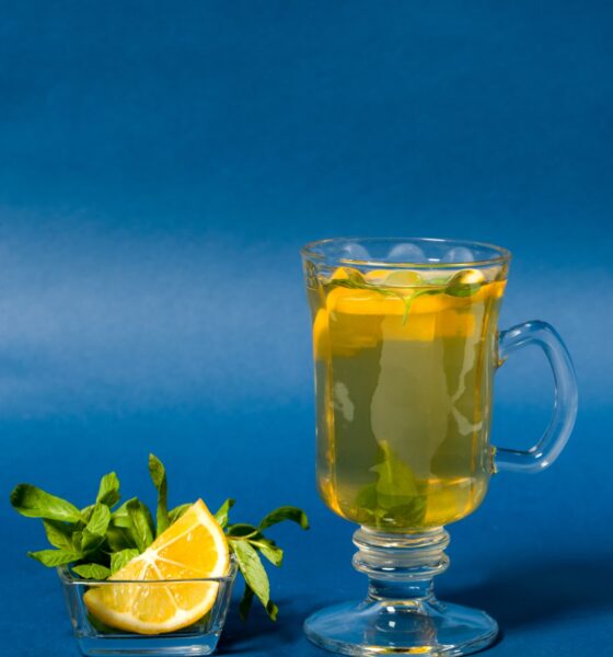 Lemon Balm benefits shown in a glass of herbal tea with lemon slices and mint leaves, styled on a blue background for a wellness vibe.