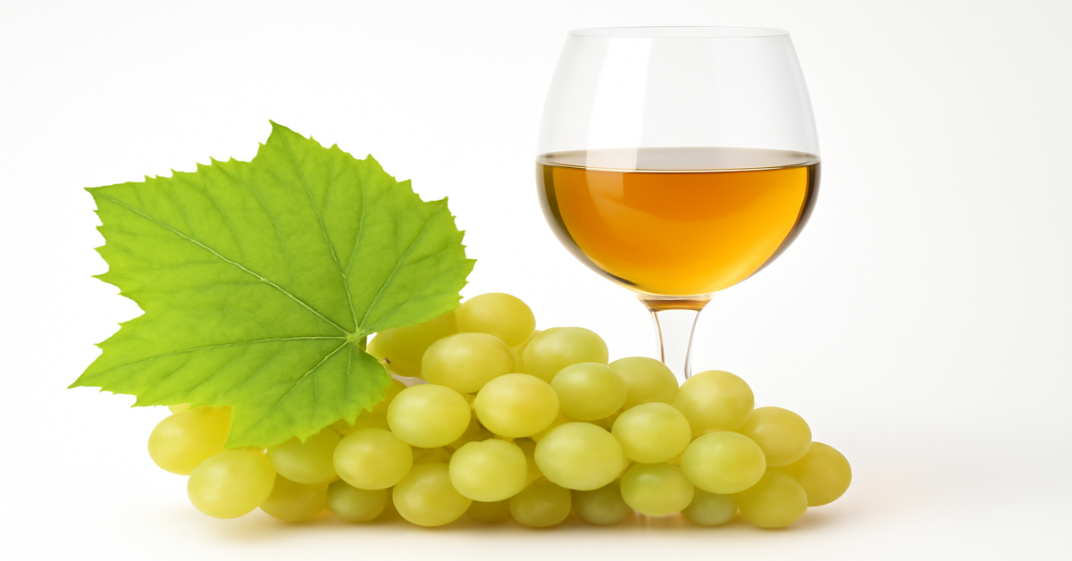 A close-up image of a glass filled with amber-colored white grape juice, placed next to a bunch of green grapes and a large grape leaf. The elegant arrangement is set against a clean white background, highlighting the natural textures and rich colors of the juice, grapes, and leaf.