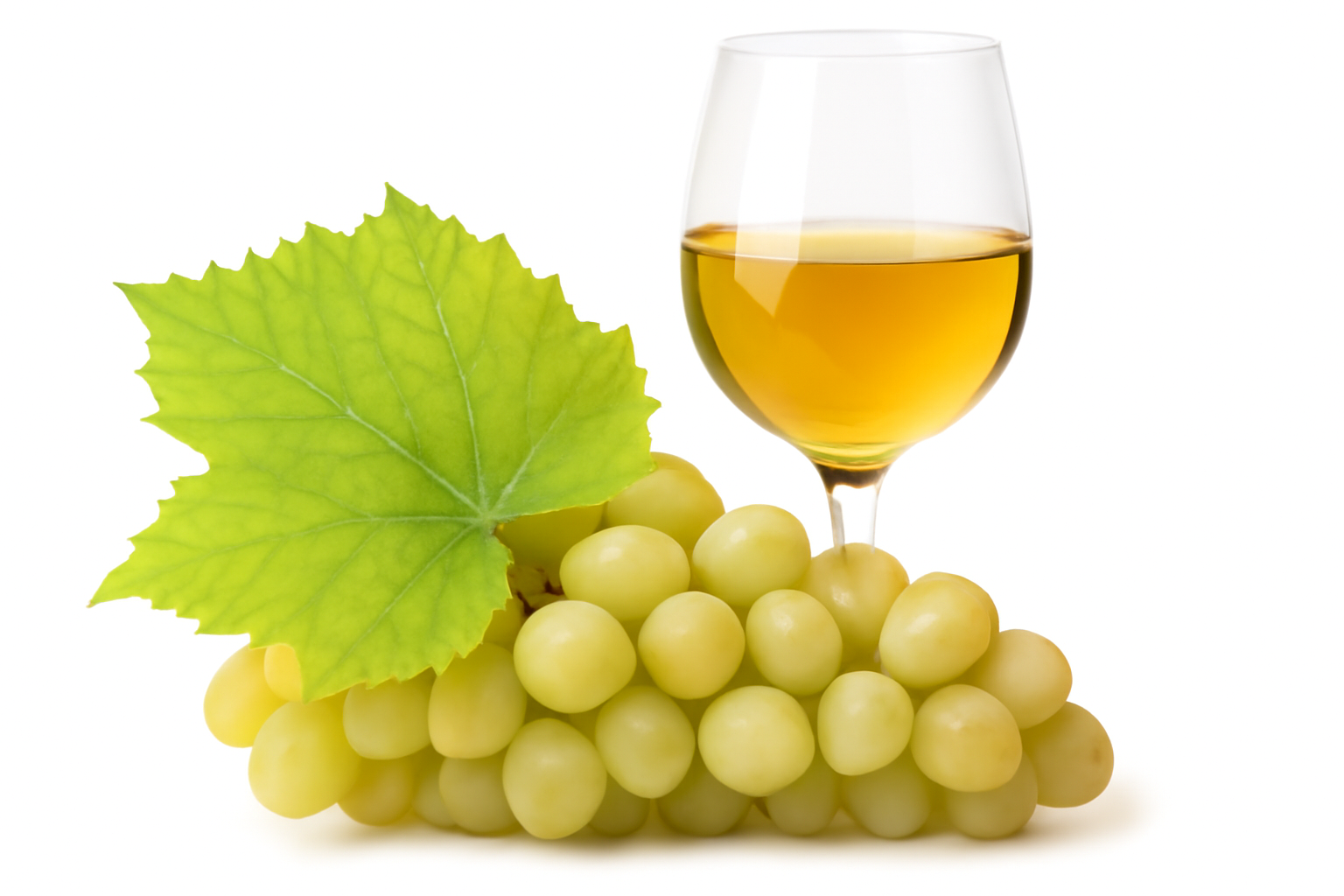 A White grape glass filled with amber-colored wine, accompanied by a bunch of plump green grapes and a vibrant grape leaf, set against a clean white background.