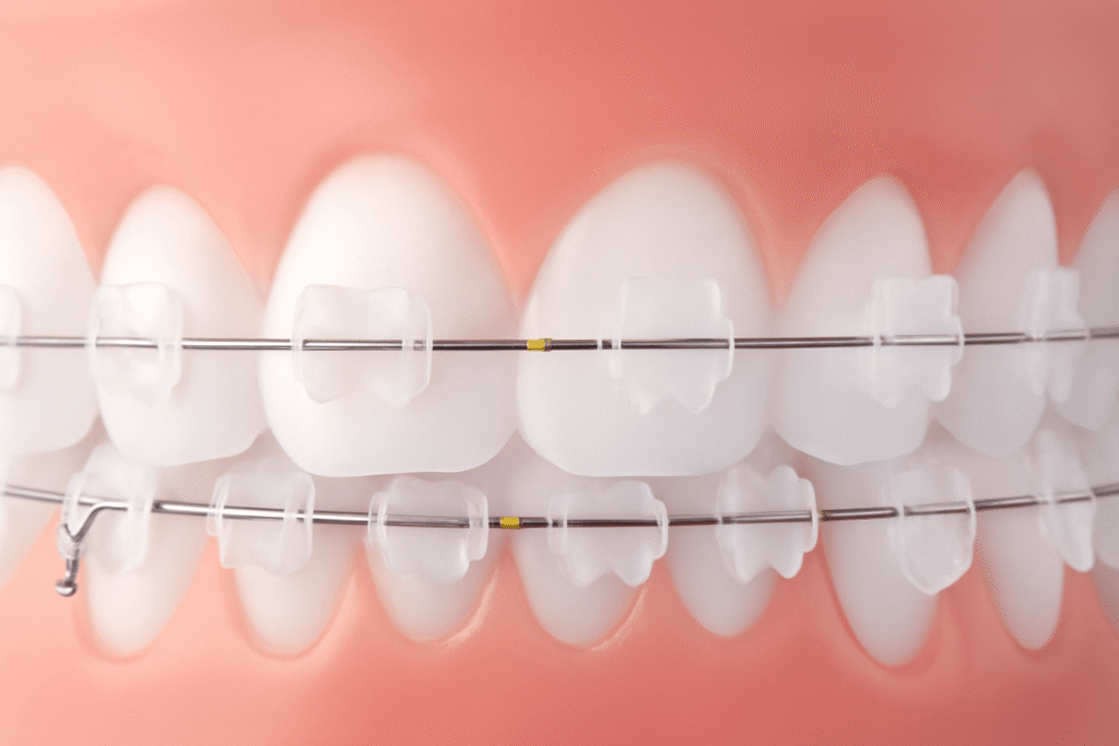 Close-up of teeth with ceramic braces, featuring clear brackets, silver archwire, and yellow elastic ligatures.