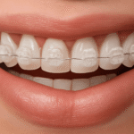 Close-up of a smile showcasing clear ceramic braces with a metal wire, highlighting teeth alignment.