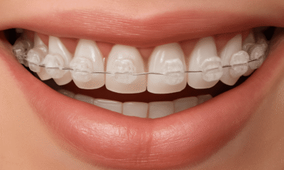 Close-up of a smile showcasing clear ceramic braces with a metal wire, highlighting teeth alignment.