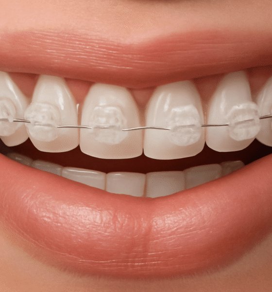 Close-up of a smile showcasing clear ceramic braces with a metal wire, highlighting teeth alignment.