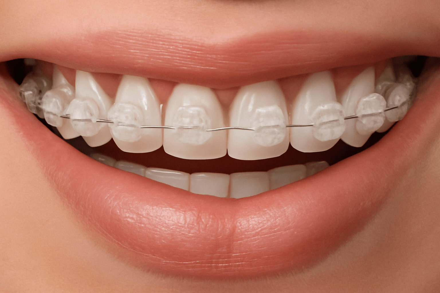 Close-up of a smile showcasing clear ceramic braces with a metal wire, highlighting teeth alignment.