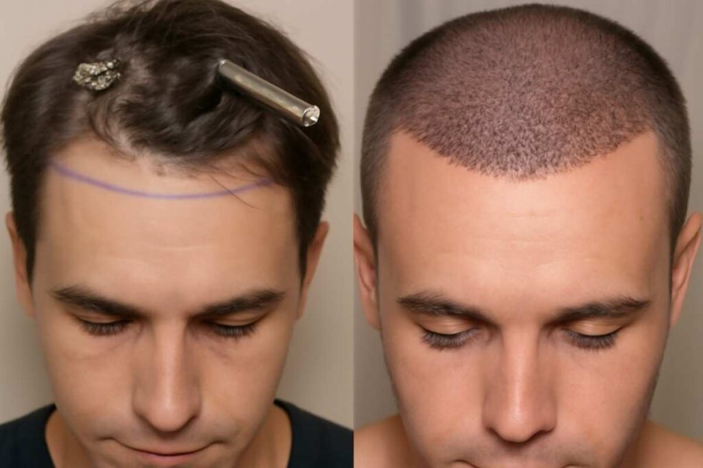 Before and after forehead reduction surgery, showing a more balanced hairline and smoother, shorter forehead contour.