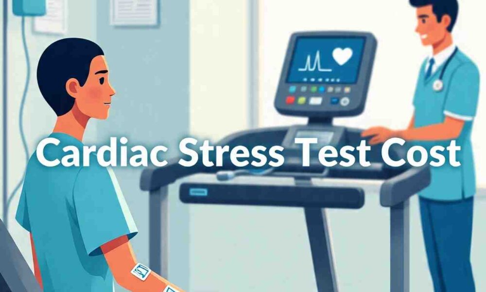 A patient undergoing a cardiac stress test with a healthcare professional monitoring the treadmill equipment. Cardiac Stress Test Cost.