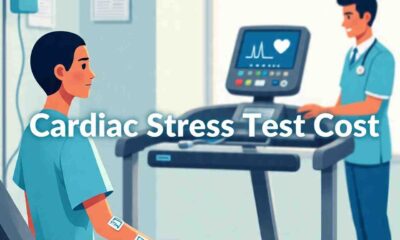 A patient undergoing a cardiac stress test with a healthcare professional monitoring the treadmill equipment. Cardiac Stress Test Cost.