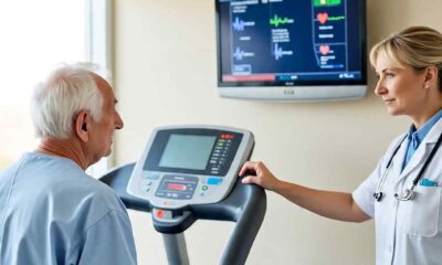 An elderly male patient in a blue medical shirt stands on a treadmill while a female doctor monitors his cardiac stress test on the screen.