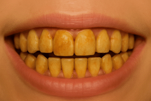 Close-up of teeth with yellow discoloration, especially on central and lateral incisors, showcasing noticeable staining and imperfections for Cavity on Front Tooth