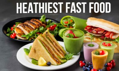 Healthiest fast food: Grilled chicken club sandwich, fresh veggie wraps, smoothies, and grilled chicken salad on a plate.