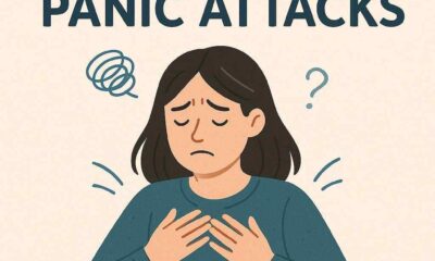 A distressed woman holds her chest, eyes closed, surrounded by stress symbols with the bold text silent panic attacks above her.