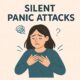 A distressed woman holds her chest, eyes closed, surrounded by stress symbols with the bold text silent panic attacks above her.