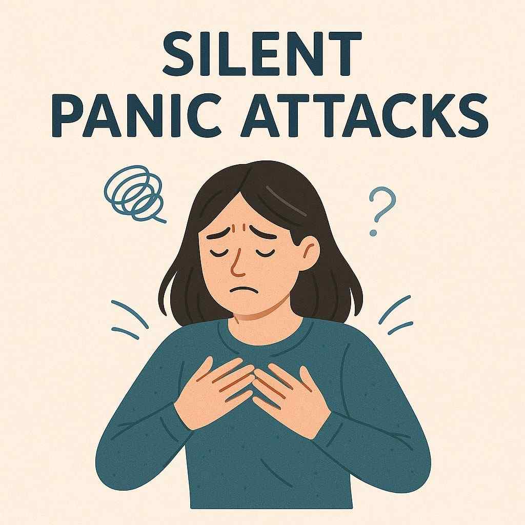 A distressed woman holds her chest, eyes closed, surrounded by stress symbols with the bold text silent panic attacks above her.