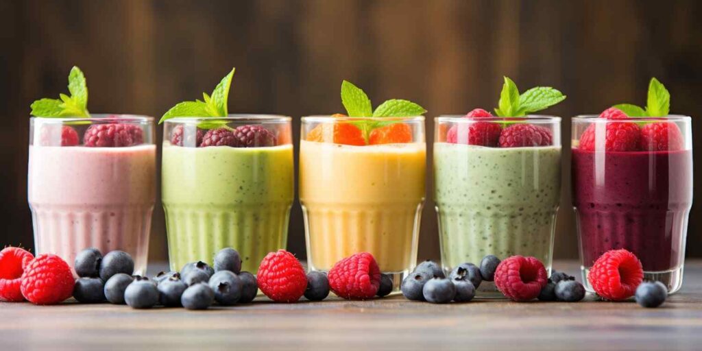 Colorful smoothies in glasses with fruits and chia seeds, garnished with mint leaves and served with berries. healthiest fast food meals.