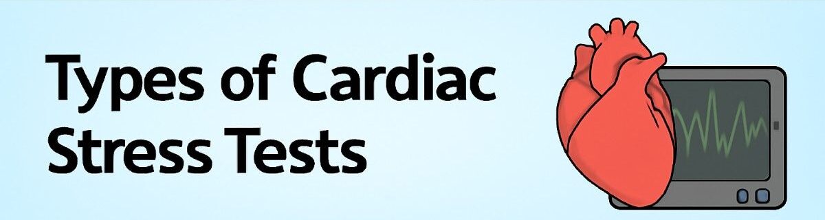 Professional image showcasing Types of Cardiac Stress Tests with icons for ECG, treadmill, and medical monitor on a gradient background.