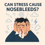Stressed man with nosebleed holding his head, with text Can stress cause nosebleeds? linking stress and nosebleeds visually.