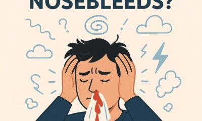 Stressed man with nosebleed holding his head, with text Can stress cause nosebleeds? linking stress and nosebleeds visually.