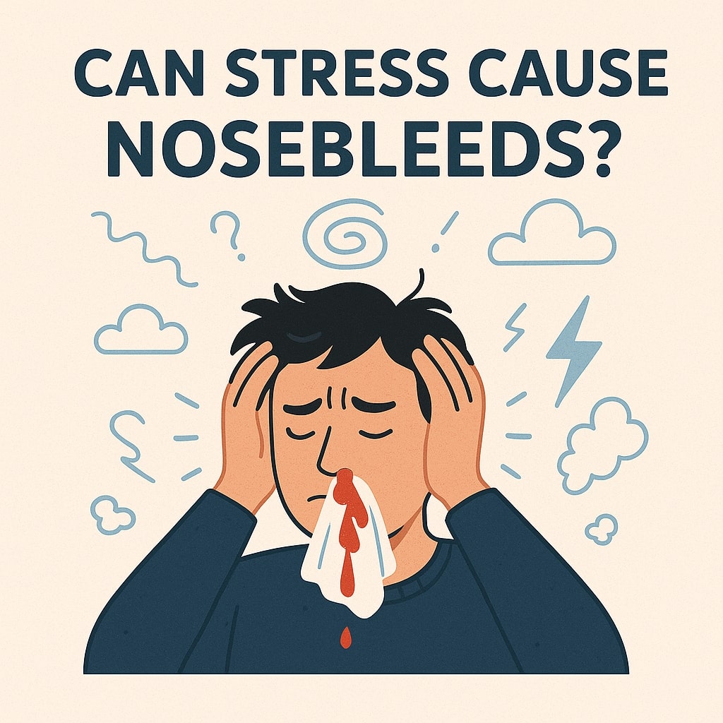 Stressed man with nosebleed holding his head, with text Can stress cause nosebleeds? linking stress and nosebleeds visually.