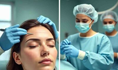Surgeons prepare a woman for forehead reduction surgery, marking the hairline in a sterile, well-lit operating room.