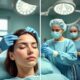 Surgeons prepare a woman for forehead reduction surgery, marking the hairline in a sterile, well-lit operating room.