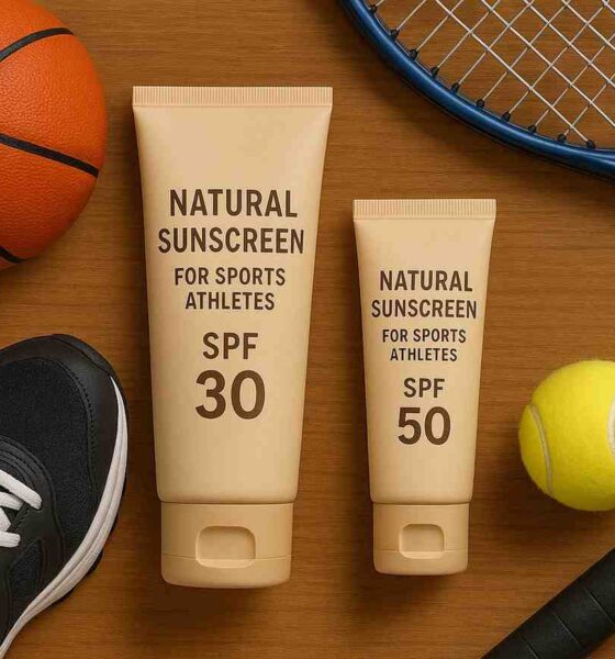 Two tubes of natural sunscreen for sports athletes with SPF 30 and 50, surrounded by tennis gear and a basketball.